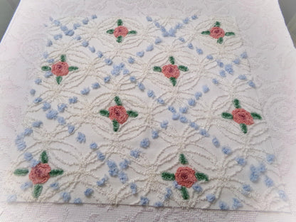 Pink Roses in Winter Vintage Chenille Bedspread Fabric, Romantic 22" x 20" Piece Sewing Material