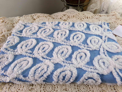 White & Blue Chenille Fabric, Soft Curlicue Swirls, 18" x 26" inch Piece, Vintage Cotton Material for Quilting, Crafts