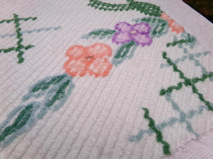 Unique Vintage Chenille Bedspread Fabric, Geometric Floral 20" x 24" piece sewing material