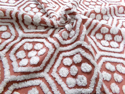 boho vintage chenille fabric, white tufted terracotta geometric design, 18" x 24" quilt material