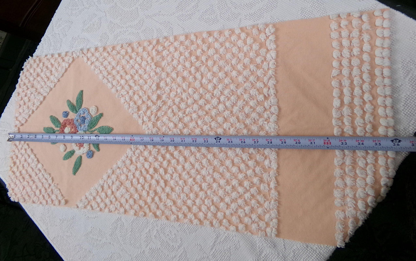 Peach Wildflower Vintage Chenille Bedspread Fabric, 15" x 33" Piece Sewing & Quilt Material