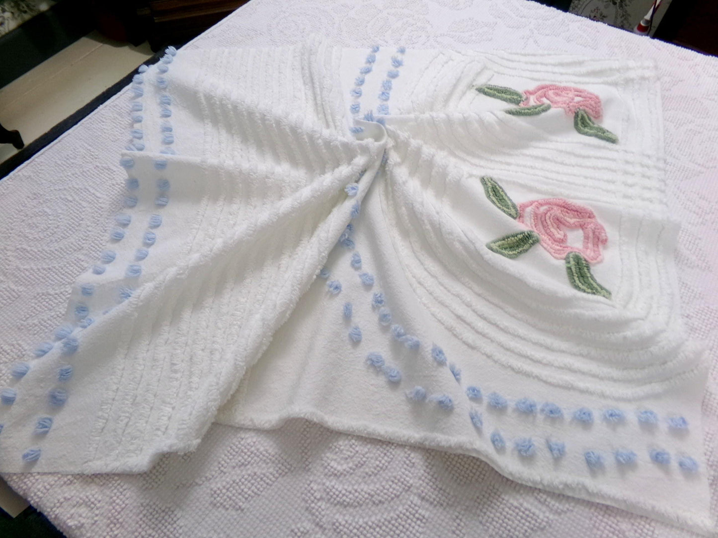 Cottage Rose Vintage Chenille Fabric Quilt Material, 26" x 23" piece