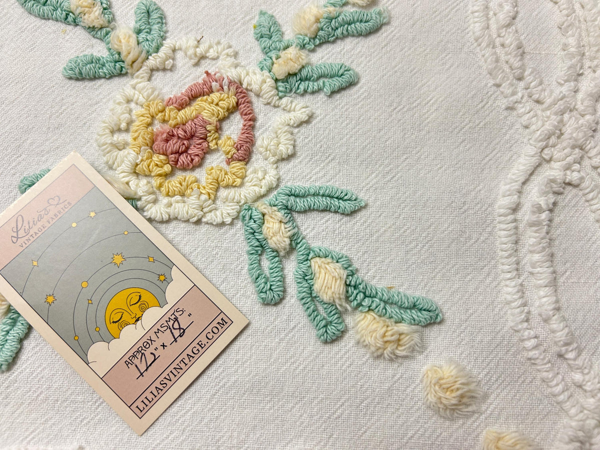 Vintage Rose Chenille Fabric, Cottage Chic 12x18" Cream Floral Sewing Textile