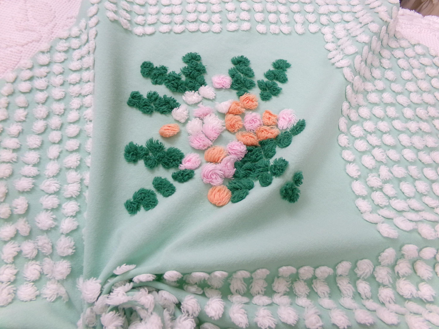 jade green floral vintage chenille fabric: handmade antique cotton sewing material for quilting, crafts, 31" x 24" piece