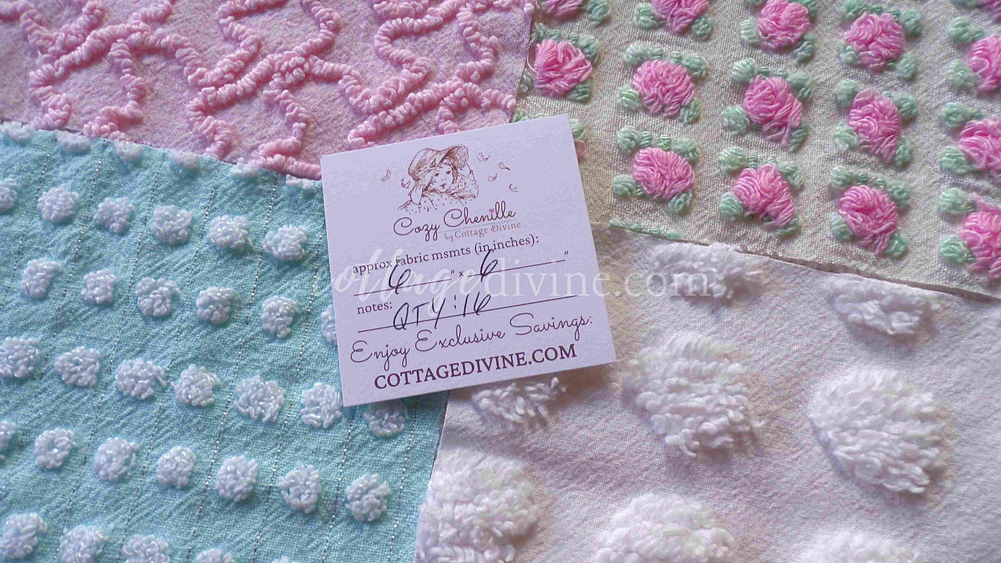 Classic Cottage Chic Chenille Fabric Squares, Set of 16 Vintage 6" Quilt Blocks, Pretty Pink Rosebud, Aqua & White