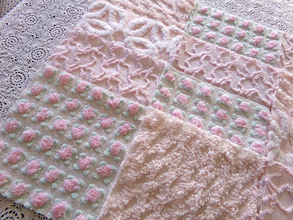 Nectar & Petal Vintage Chenille Quilt Squares Set of 16 Blocks, 6" inch ea in pretty daisies, pink rosebuds, peach lattice