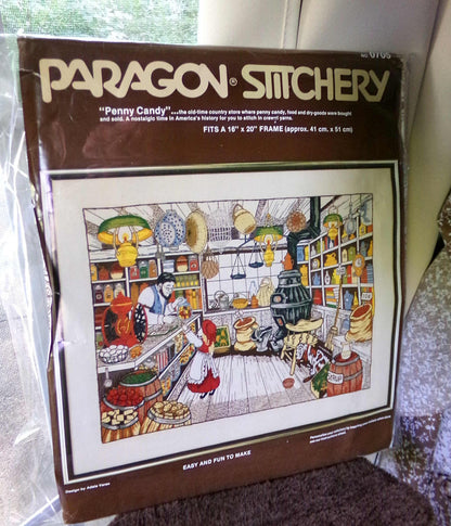 PENNY CANDY Vintage Paragon Stitchery Crewel Embroidery Kit # 0705, Nostalgic Old Fashioned Country Store Scene, Design by Adele Veres