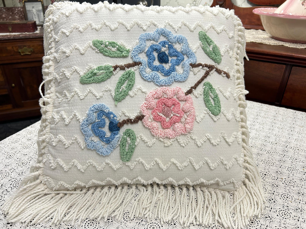 Vintage Floral Chenille Pillow Cover, Shabby Chic Reversible 16" Square Design