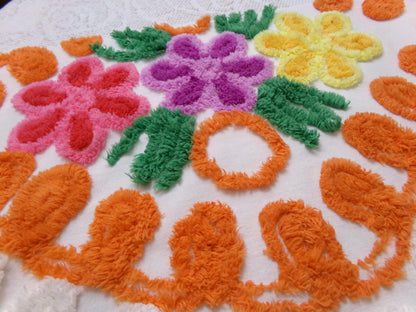 citrus floral vintage chenille bedspread fabric, orange & white quilt material, 16" x 25"