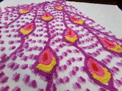 dazzling peacock feathers vintage chenille bedspread fabric 20" x 23"