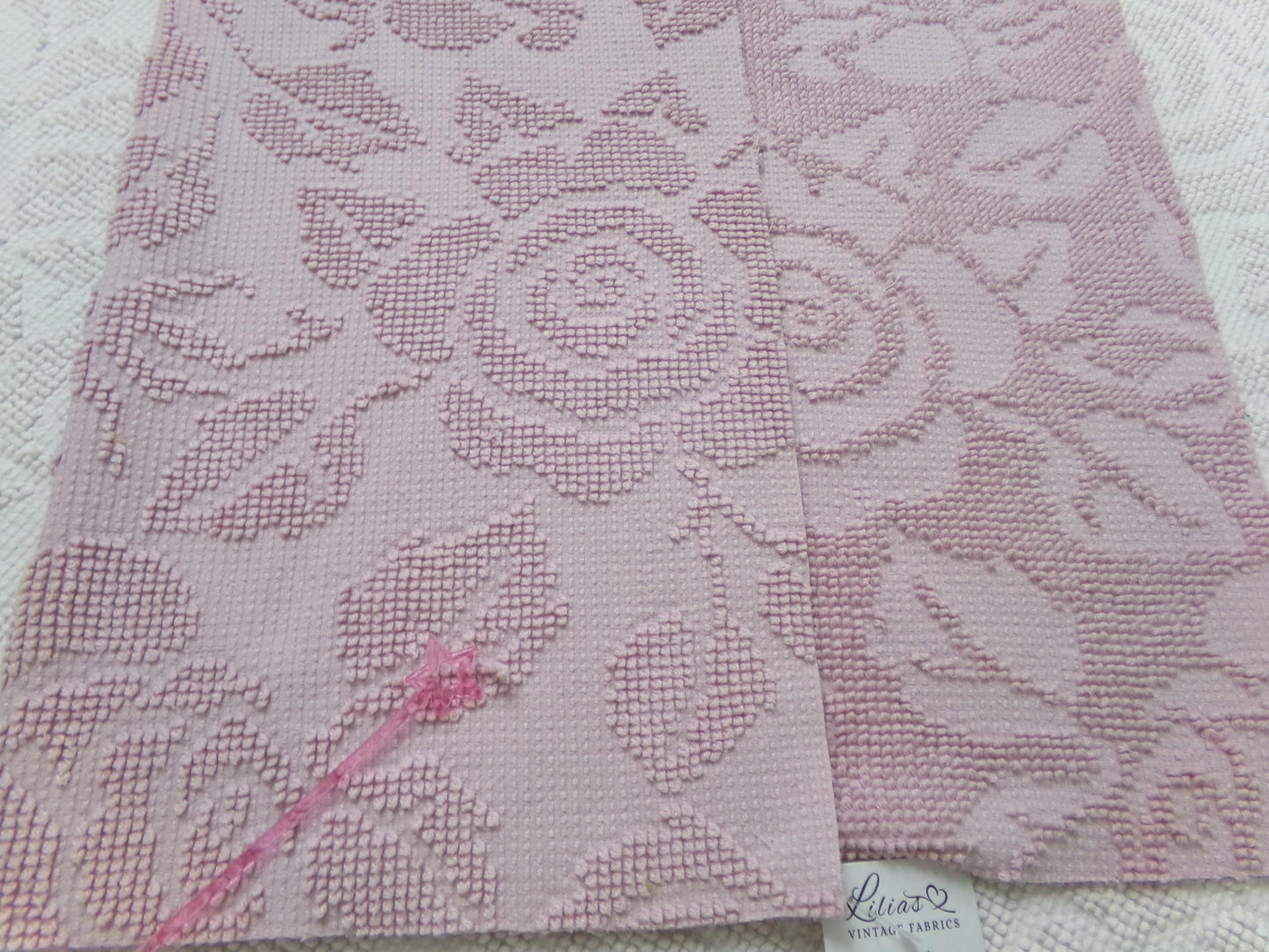 Dusty Rose Vintage Hobnail Chenille Fabric Piece Cabbage Rose Reversible Shadow Design 18x24"