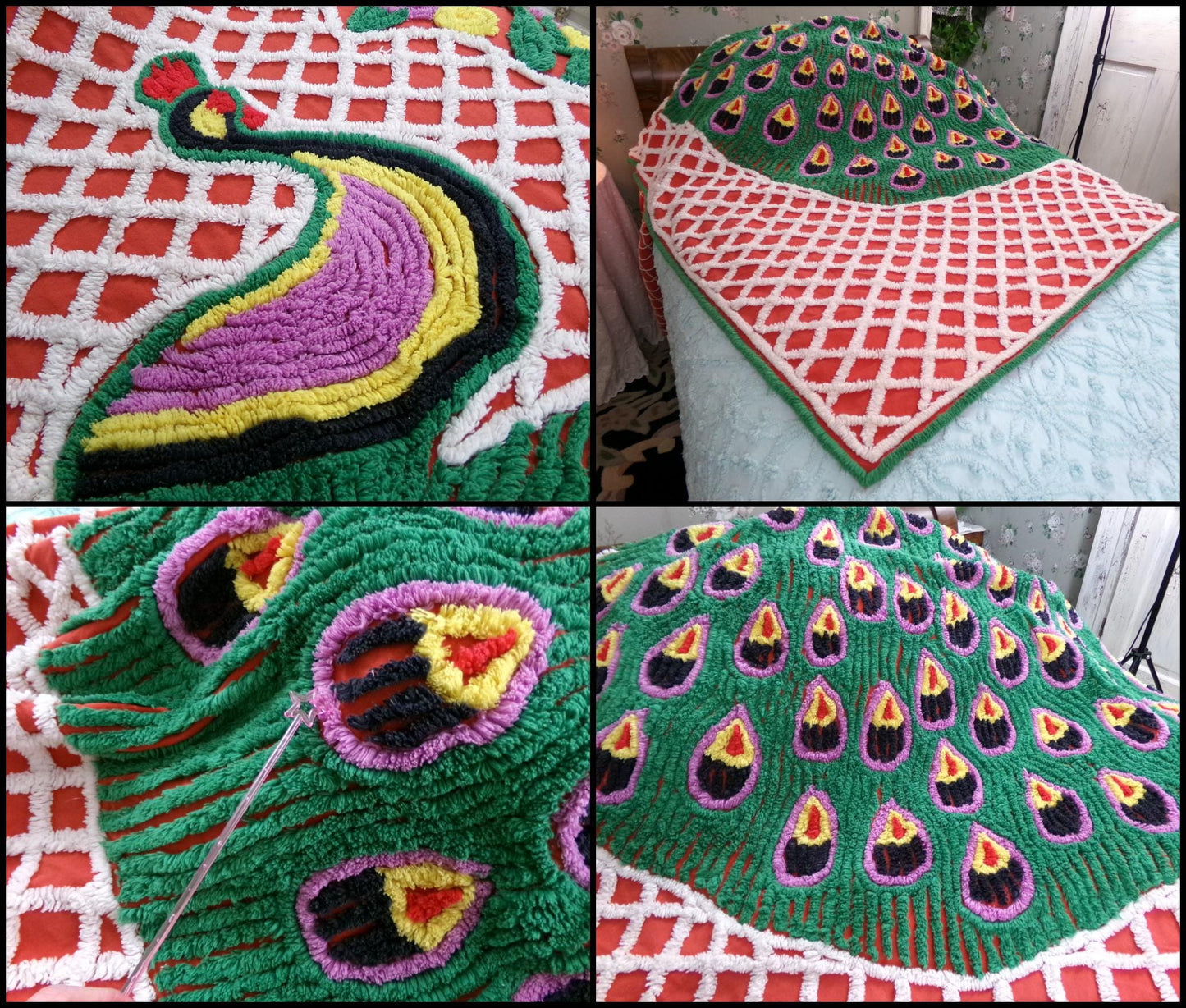 Vintage Chenille Bedspread Sprawling Red Peacock, Green Feathers & White Lattice, Full