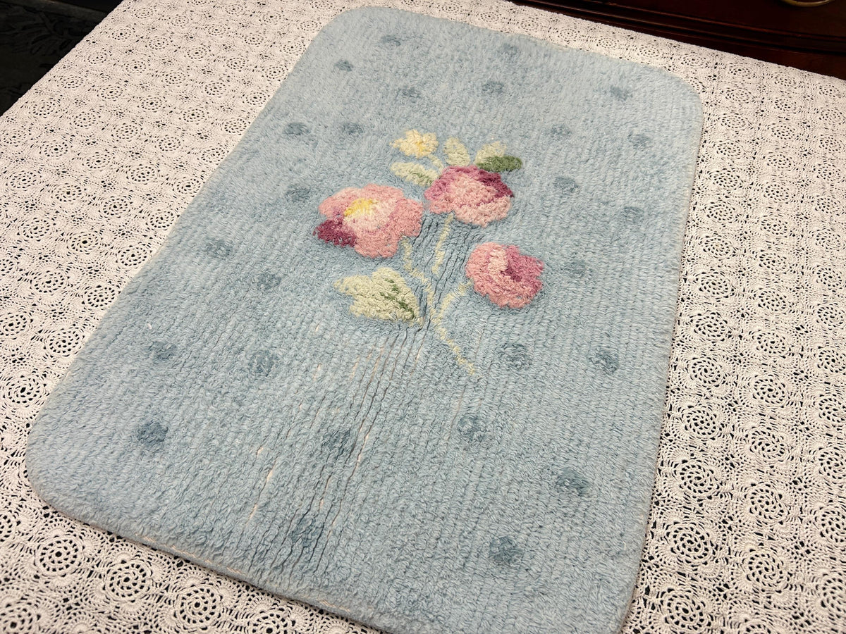 Small Vintage Chenille Rug, Pink Roses & Dots Blue 16" x 24" Accent Mat / Wall Hanging