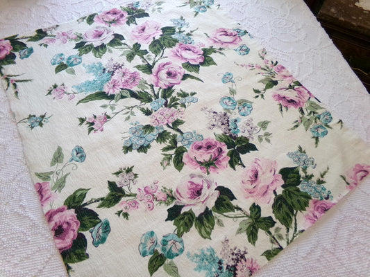 Vintage Barkcloth Fabric, Shabby Cottage Chic Roses on Aged White, 18" x 25" Cut Fabric Piece from a Deconstructed bark cloth curtain panel