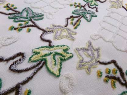 rambling ivy vintage chenille fabric, 21" x 24" irregular cut piece, unique tufted leaf design on antique white, great in pillows, quilts