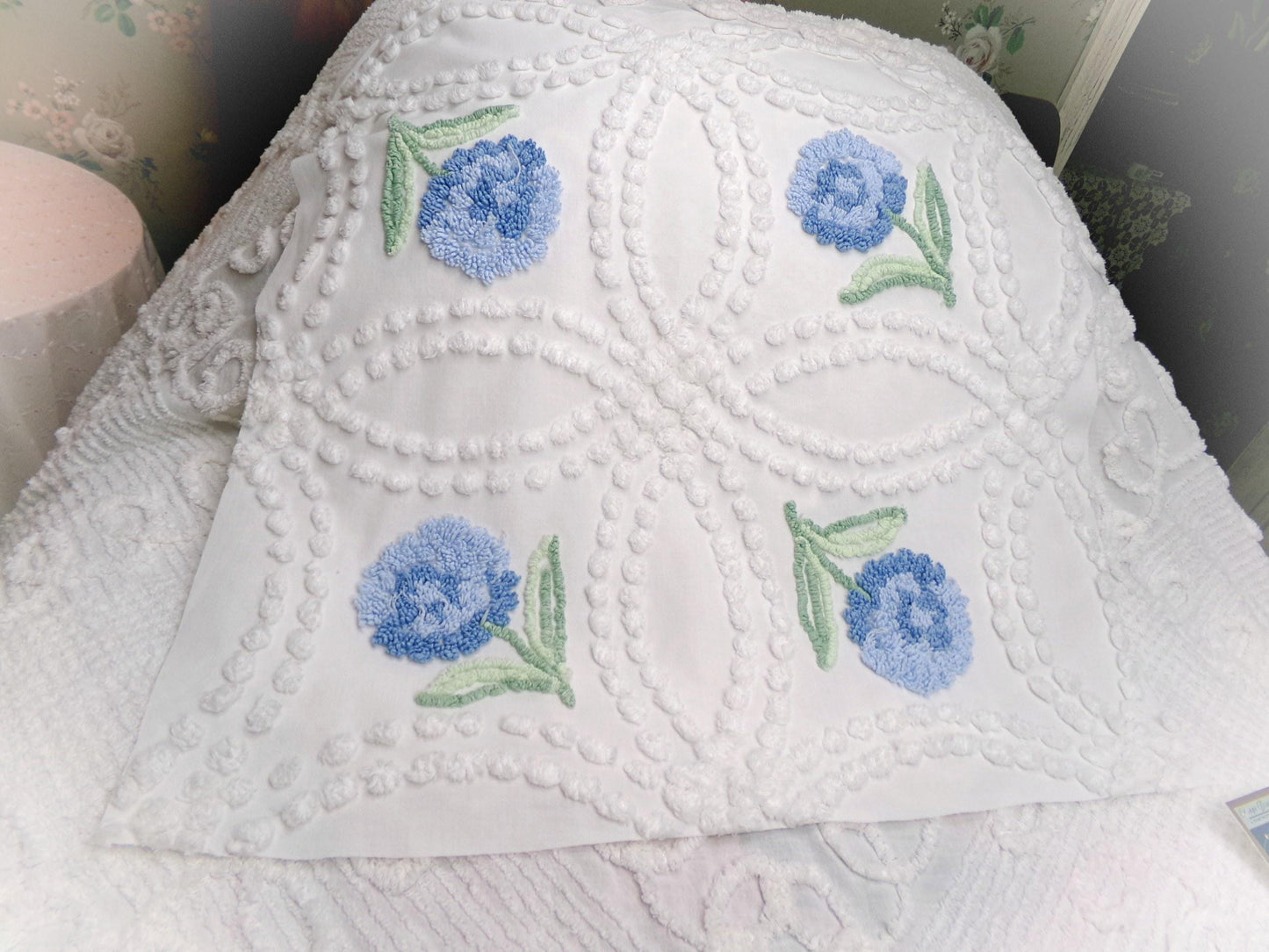 Plush Blue Mum Vintage Chenille Fabric, Tufted Floral on White Cotton 23" x 23" Piece of Sewing Material