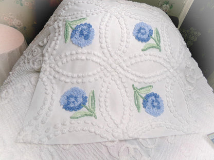 Plush Blue Mum Vintage Chenille Fabric, Tufted Floral on White Cotton 23" x 23" Piece of Sewing Material