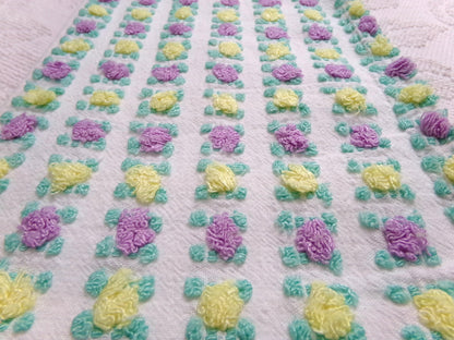 Rare Rosebud Vintage Chenille Fabric, Yellow Lilac Tufted Roses, 17x24"