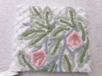 climbing tulips vintage chenille fabric in plush pink & white offset floral trellis design, 26" x 24" piece of sewing material