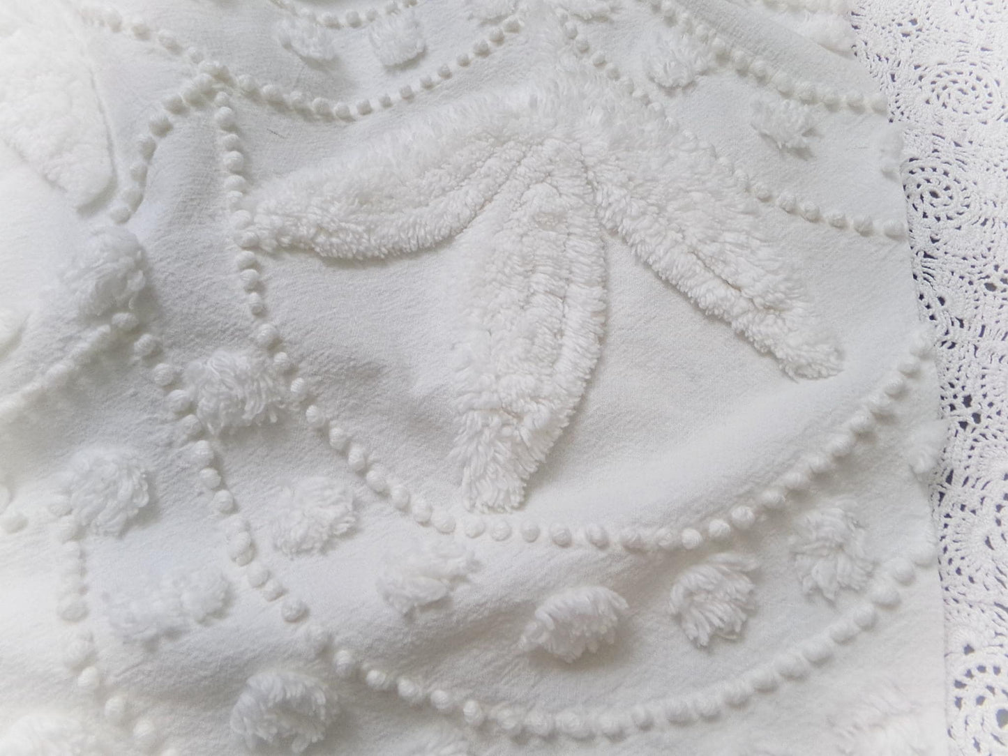 Dainty Vintage Chenille Fabric, Creamy Botanical Leaf Pearl Dots, 20x20" Piece