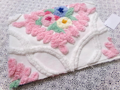Vintage Chenille Fabric Piece, Pink Frosting Floral Cottage Chic Sewing Material 18x30"