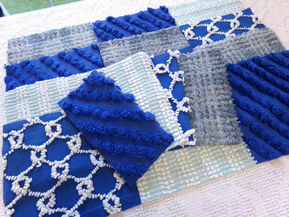 Vintage Chenille Fabric Squares - Set of 16 - Sporty Grey, White & Blue - 6" Quilt Blocks