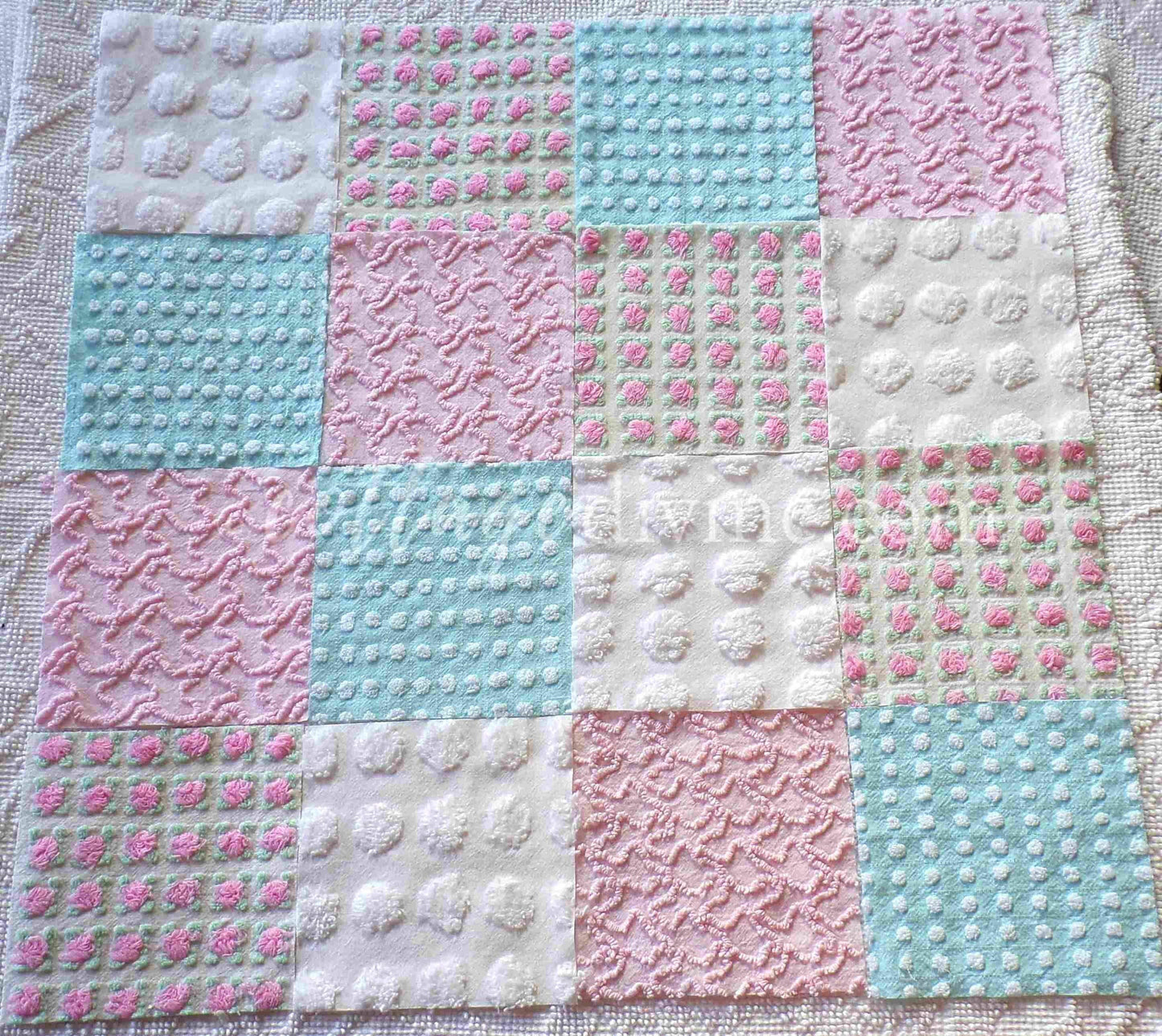 Classic Cottage Chic Chenille Fabric Squares, Set of 16 Vintage 6" Quilt Blocks, Pretty Pink Rosebud, Aqua & White