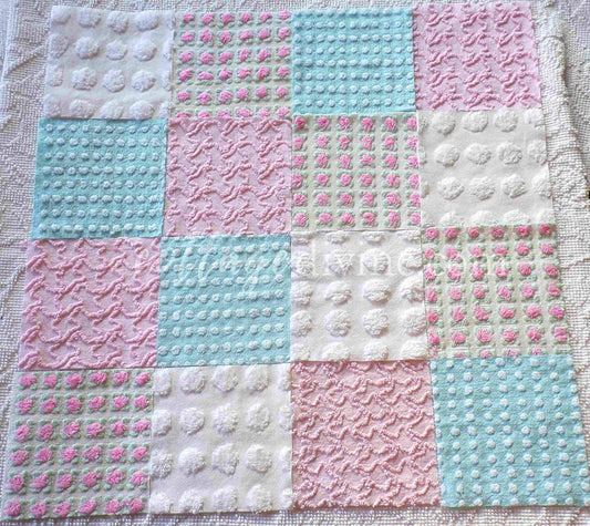 Classic Cottage Chic Chenille Fabric Squares, Set of 16 Vintage 6" Quilt Blocks, Pretty Pink Rosebud, Aqua & White