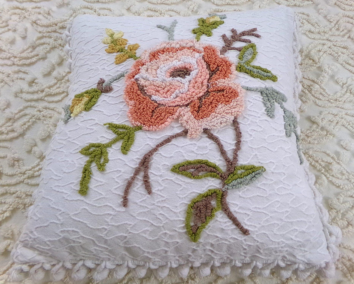 Vintage Rose Chenille Pillow Cover, Reversible Square Cottage Chic Floral Design