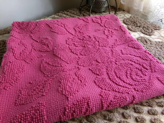 Fuchsia Pink Rose Vintage Woven Chenille Fabric, Reversible Hobnail 20" x 25" Piece Quilt Material