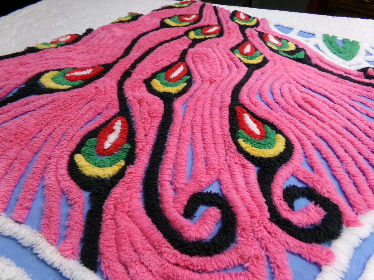 Exotic Artsy Vintage Chenille Bedspread Fabric Piece Pink Peacock Feathers, 19" x 24"