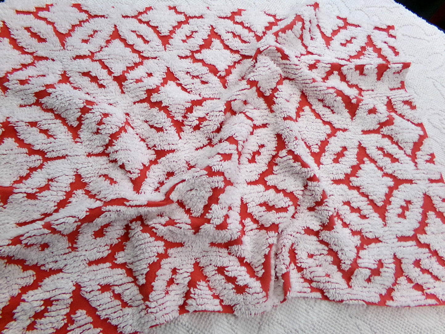 Classic Red Vintage Chenille Fabric, tufted white geometric designs, piece sewing craft quilt material, 18" x 24"