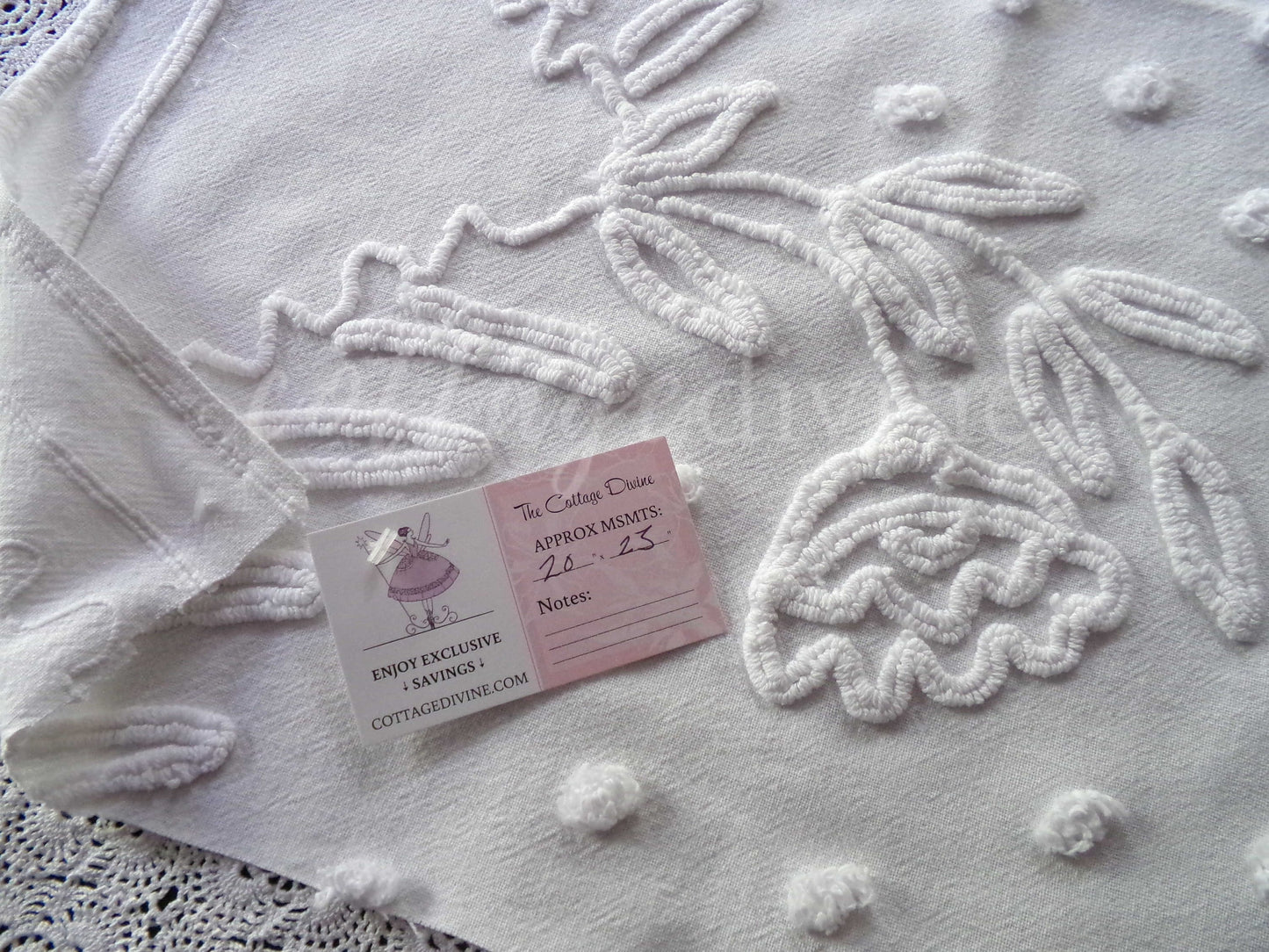 Elegant White Vintage Chenille Fabric, 20" x 23" inch Piece of Sewing Material for Quilts & Crafts