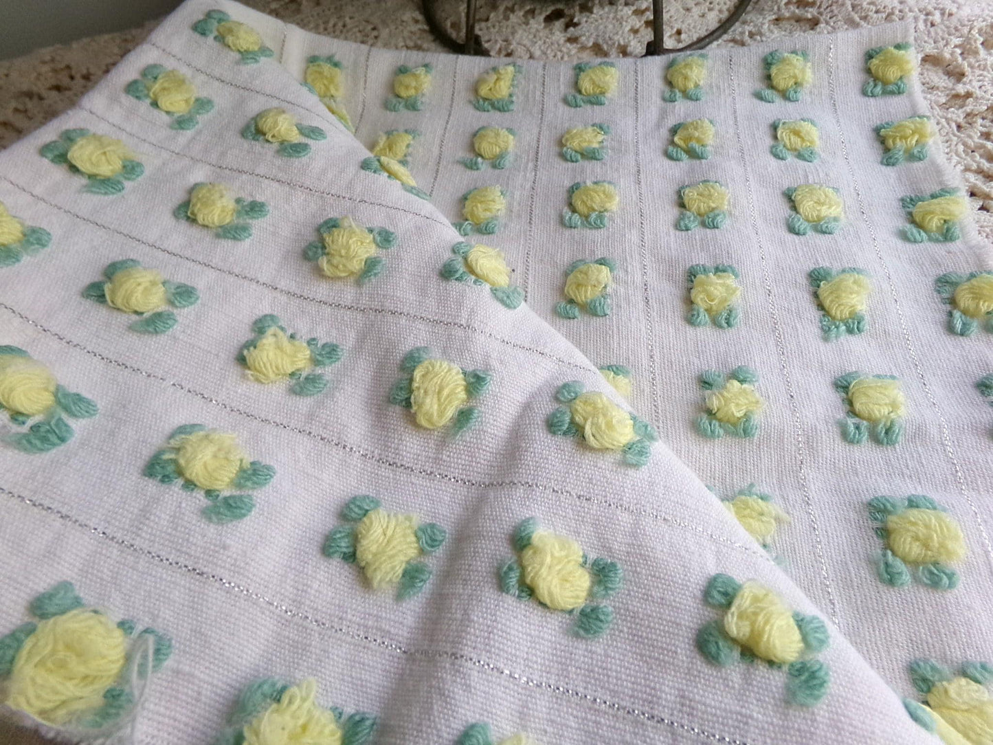 vibrant yellow rosebud vintage chenille fabric, Bates rose design silver lurex 18" x 21" piece