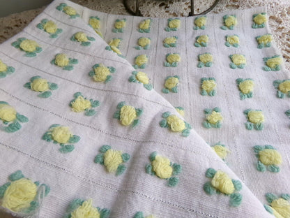 vibrant yellow rosebud vintage chenille fabric, Bates rose design silver lurex 18" x 21" piece