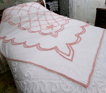 vintage full size chenille bedspread, simple star flowers on white cotton, shabby cottage style bedding