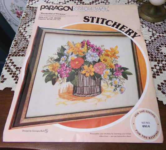 INSTRUCTIONS ONLY for Bucketful of Flowers Vintage Crewel Embroidery Paragon 0914 | NO canvas, thread or needle
