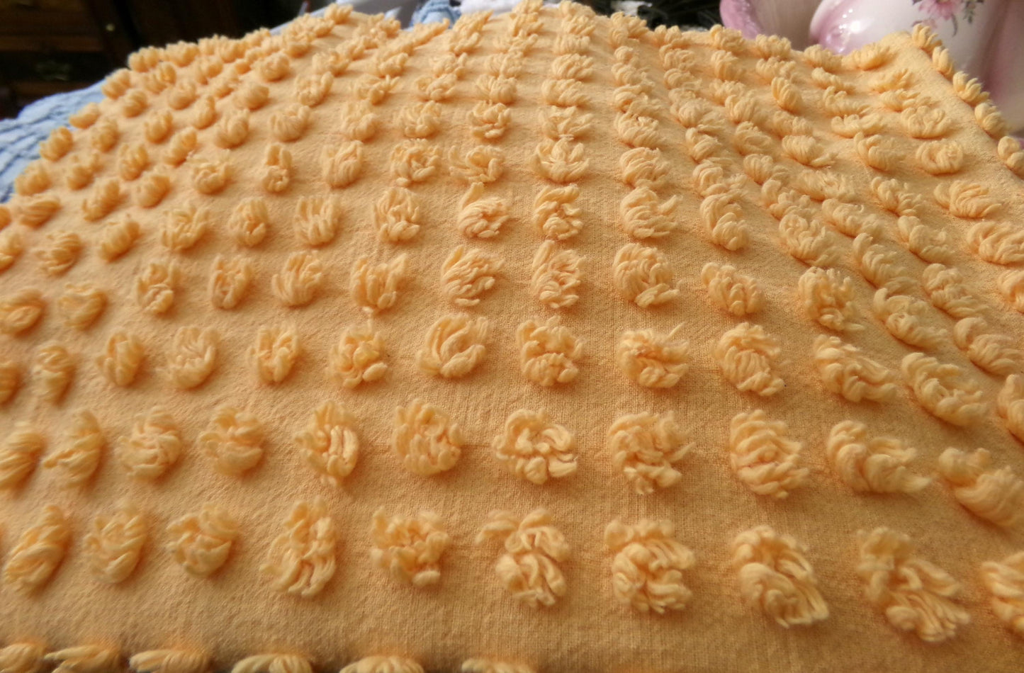 golden harvest peach vintage chenille fabric windy puff pops 20" x 23" quilt material