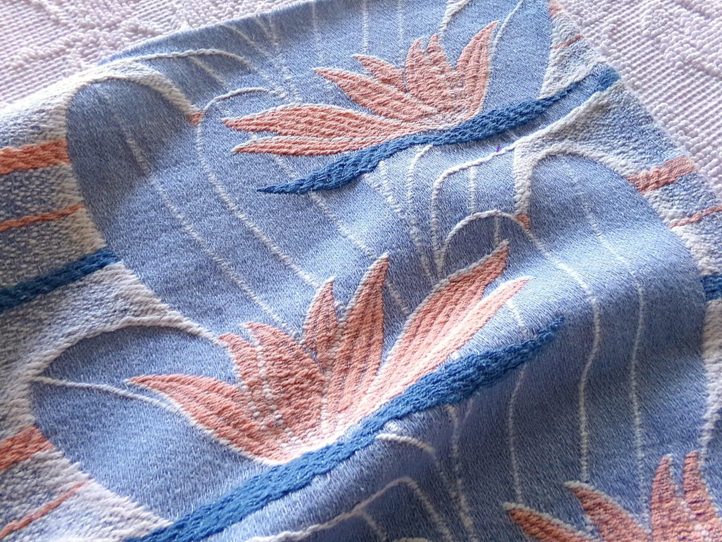 tranquil water lily vintage woven fabric piece, 21" x 32" inch reversible sewing material, calming blue & coral lilies