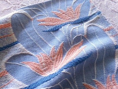 tranquil water lily vintage woven fabric piece, 21" x 32" inch reversible sewing material, calming blue & coral lilies