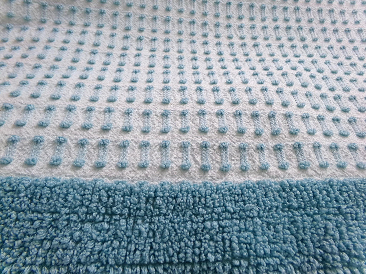 Powder Blue Vintage Chenille Bedspread, Texturized Barbells & Shag Edge Morgan Jones Full Sz