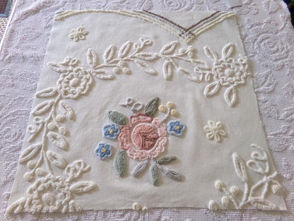 shabby chic chenille fabric, lovely needletuft rose floral design, 21" x 21" inch piece of vintage sewing material great for a pillow cover