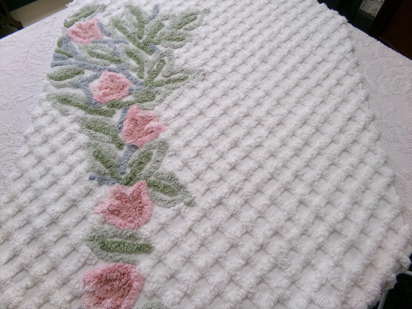 climbing tulips vintage chenille fabric in plush pink & white offset floral trellis design, 26" x 24" piece of sewing material