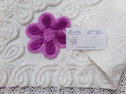 Snowy Violets Vintage Chenille Bedspread Fabric Purple & White 26 x 20" Piece