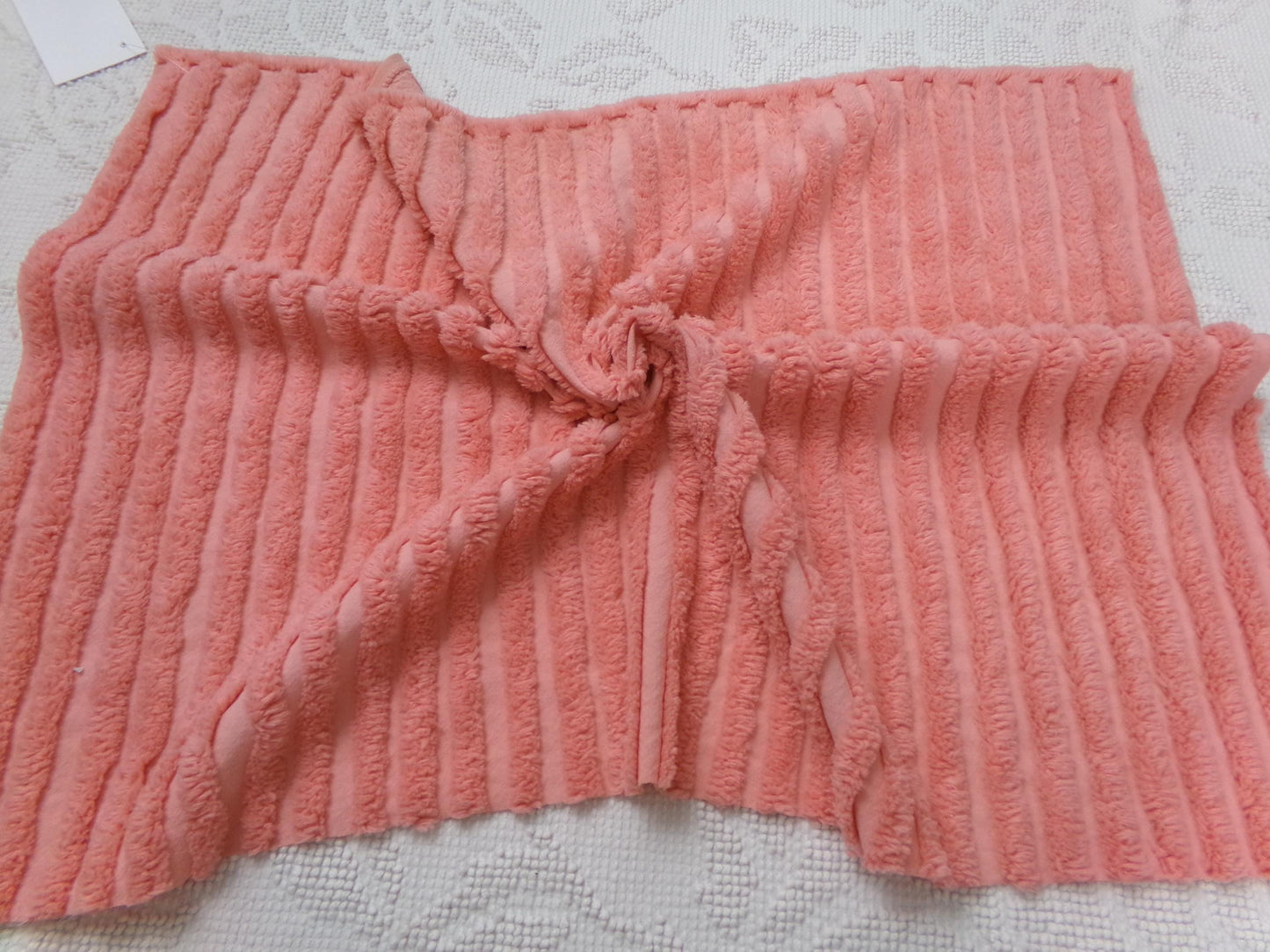Melon Striped Vintage Chenille Bedspread Fabric, Tufted Peach Stripes, 17" x 24"