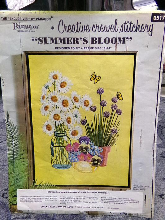 SUMMER'S BLOOM Crewel Stitchery Kit, Vintage Paragon 0517 Embroidery, Retro Carol & Don Henning Design
