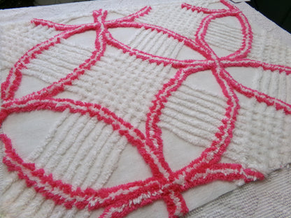 Vintage Hot Pink White Chenille Fabric: Geometric Pattern Retro Mid Century Textile Craft Quilting Supplies, 20" x 25" Piece