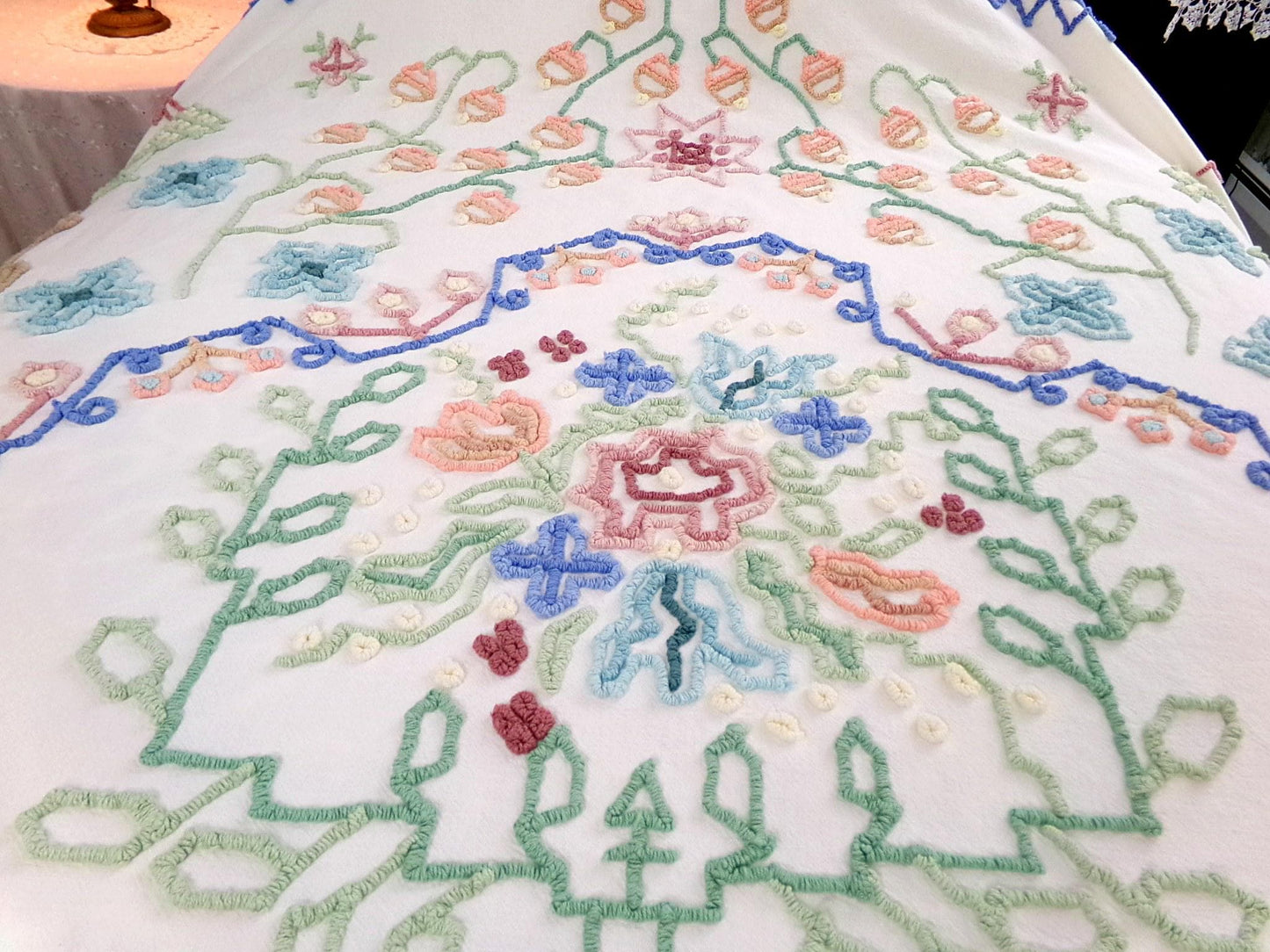 Vintage Boho Chenille Bedspread, Rare Folk Art Fieldcrest Needletuft Tribal Design, Full Size Cotton Bedding