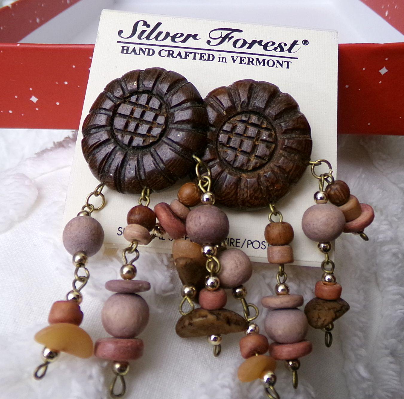 Boho Vintage Silver Forest Wood Dangle Earrings, Pierced Post Back