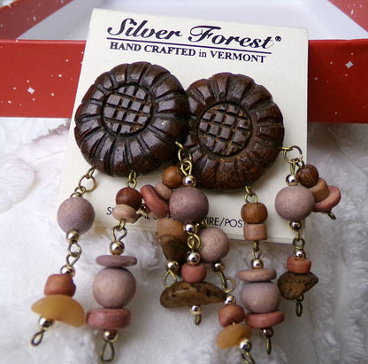 Boho Vintage Silver Forest Wood Dangle Earrings, Pierced Post Back